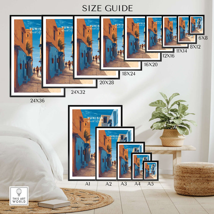 Size guide for Tunisia travel print featuring various frame sizes and a vibrant cityscape design.