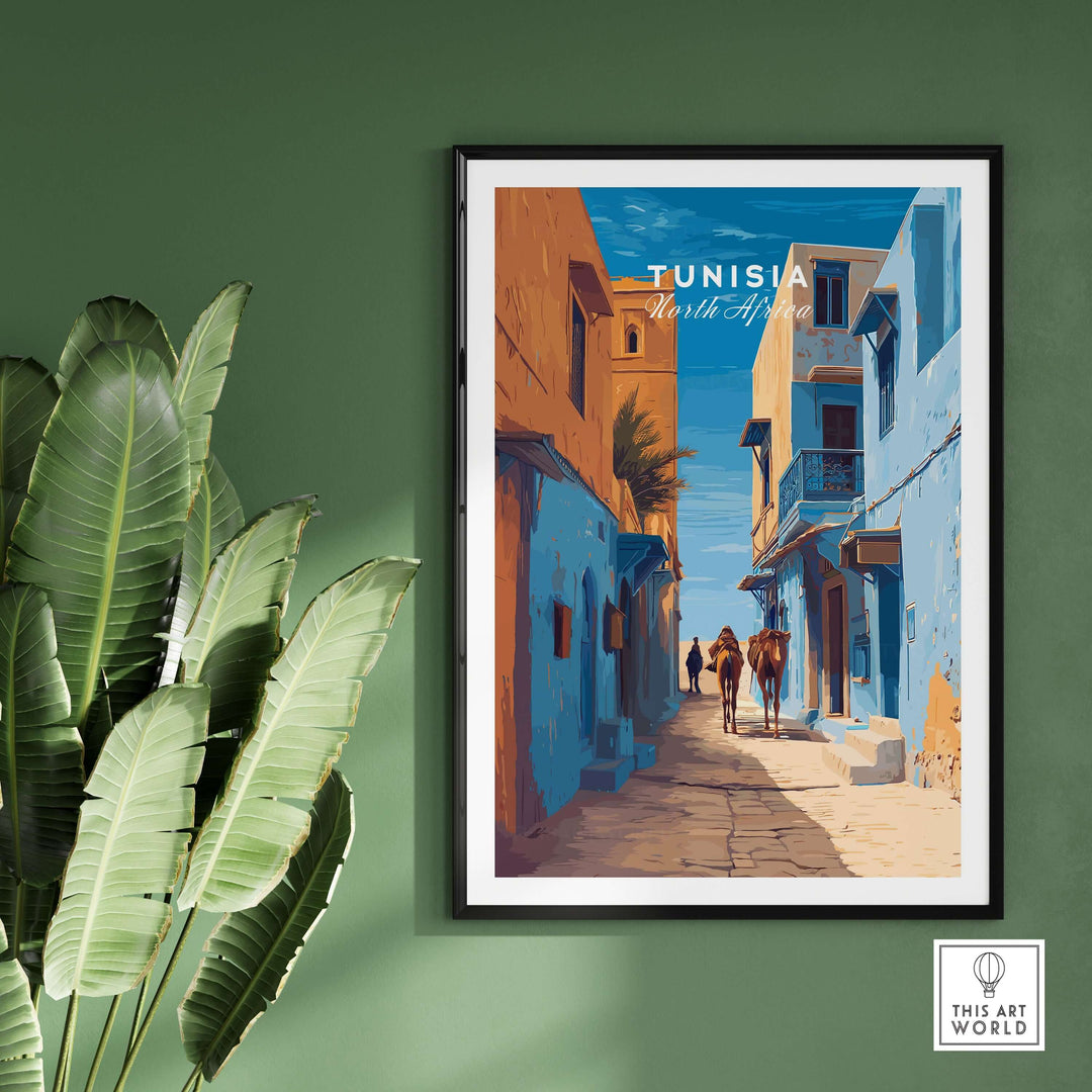 Tunisia travel print featuring camels in a vibrant cityscape, perfect for exotic wall art decor.