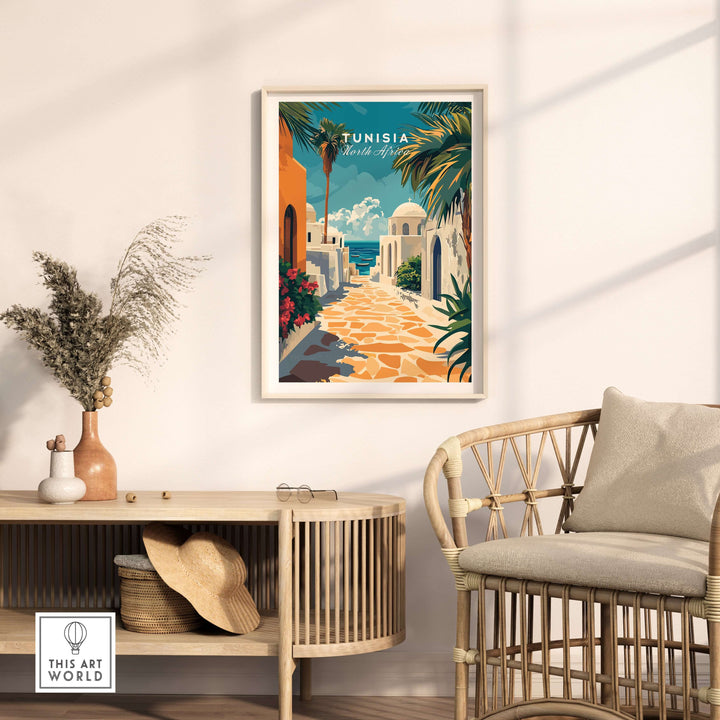 Tunisia poster featuring Sidi Bou Said's architecture with vibrant colors in a modern living room decor.