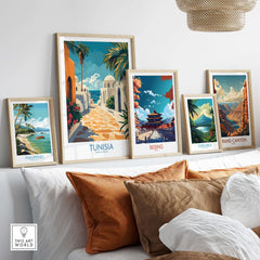 Tunisia Poster - North Africa Travel Print - Blue and White Wall Decor displayed among other travel prints.