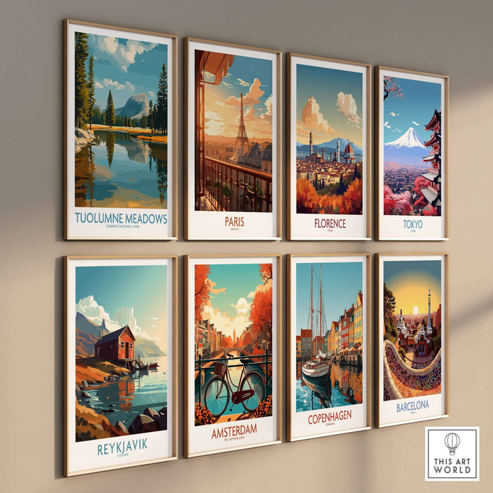 Tuolumne Meadows Yosemite Art Print | Cathedral Peak Reflection Poster displayed among other city art prints.
