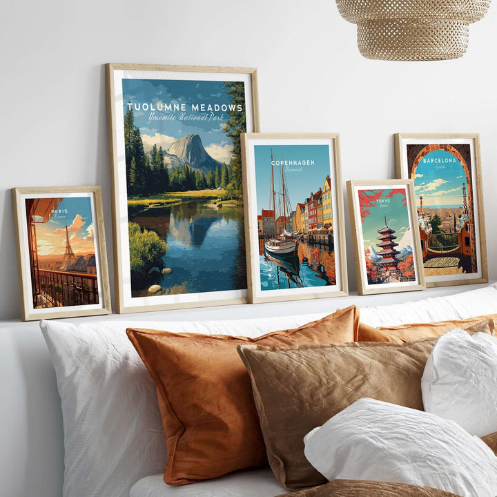Tuolumne Meadows California Sierra Nevada Print | National Park Decor displayed in stylish frames on a cozy sofa.
