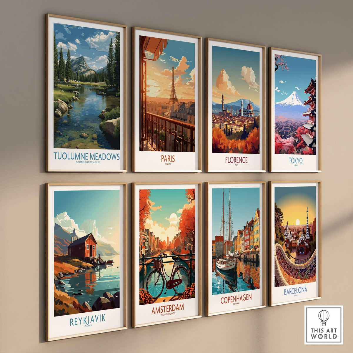 Tuolumne Meadows Poster Yosemite Art Print displayed among city art prints on a wall.