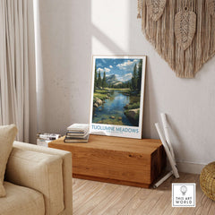 Tuolumne Meadows Poster Yosemite Art Print displayed in a cozy room, highlighting Yosemite's serene landscape.