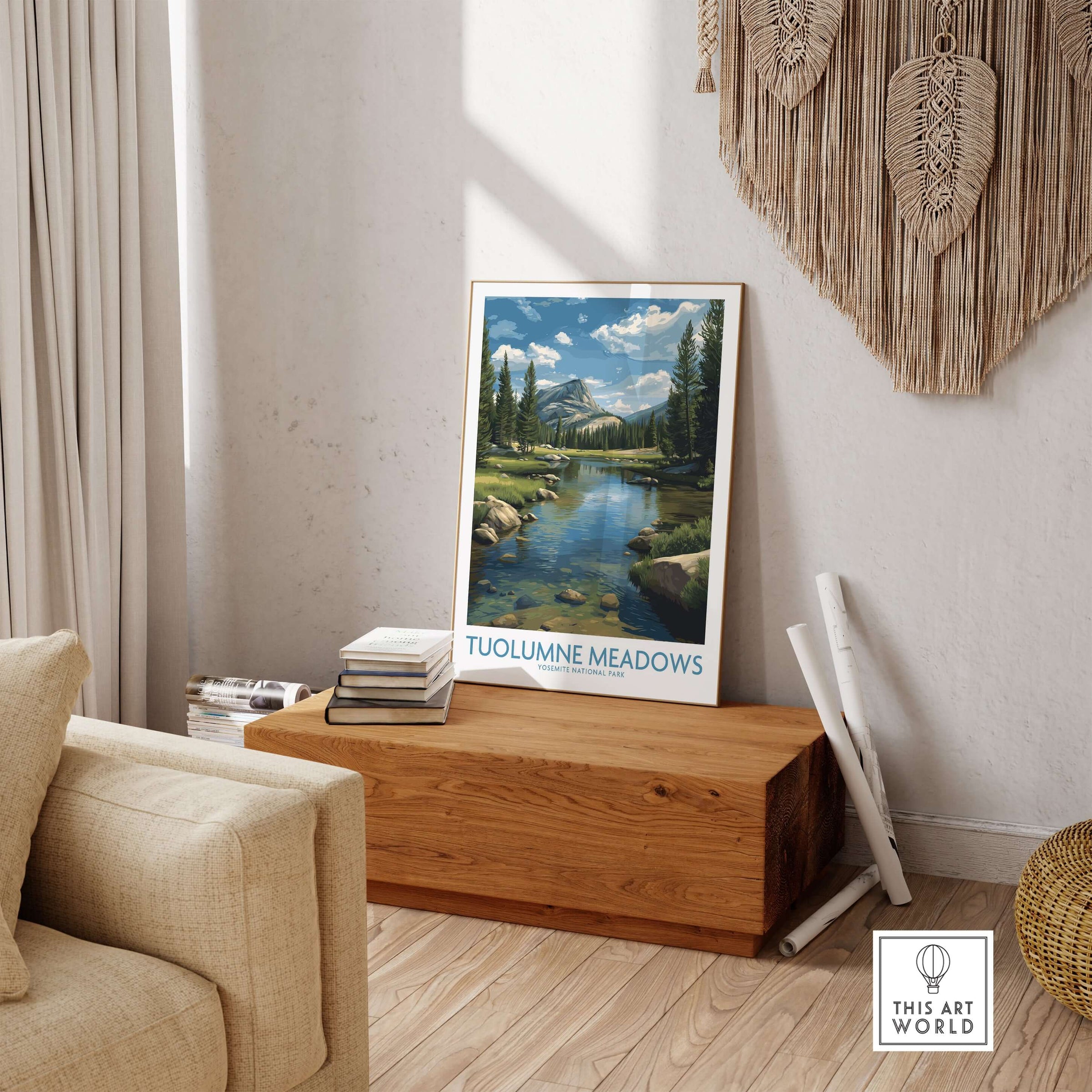 Tuolumne Meadows Poster Yosemite Art Print displayed in a cozy room, highlighting Yosemite's serene landscape.