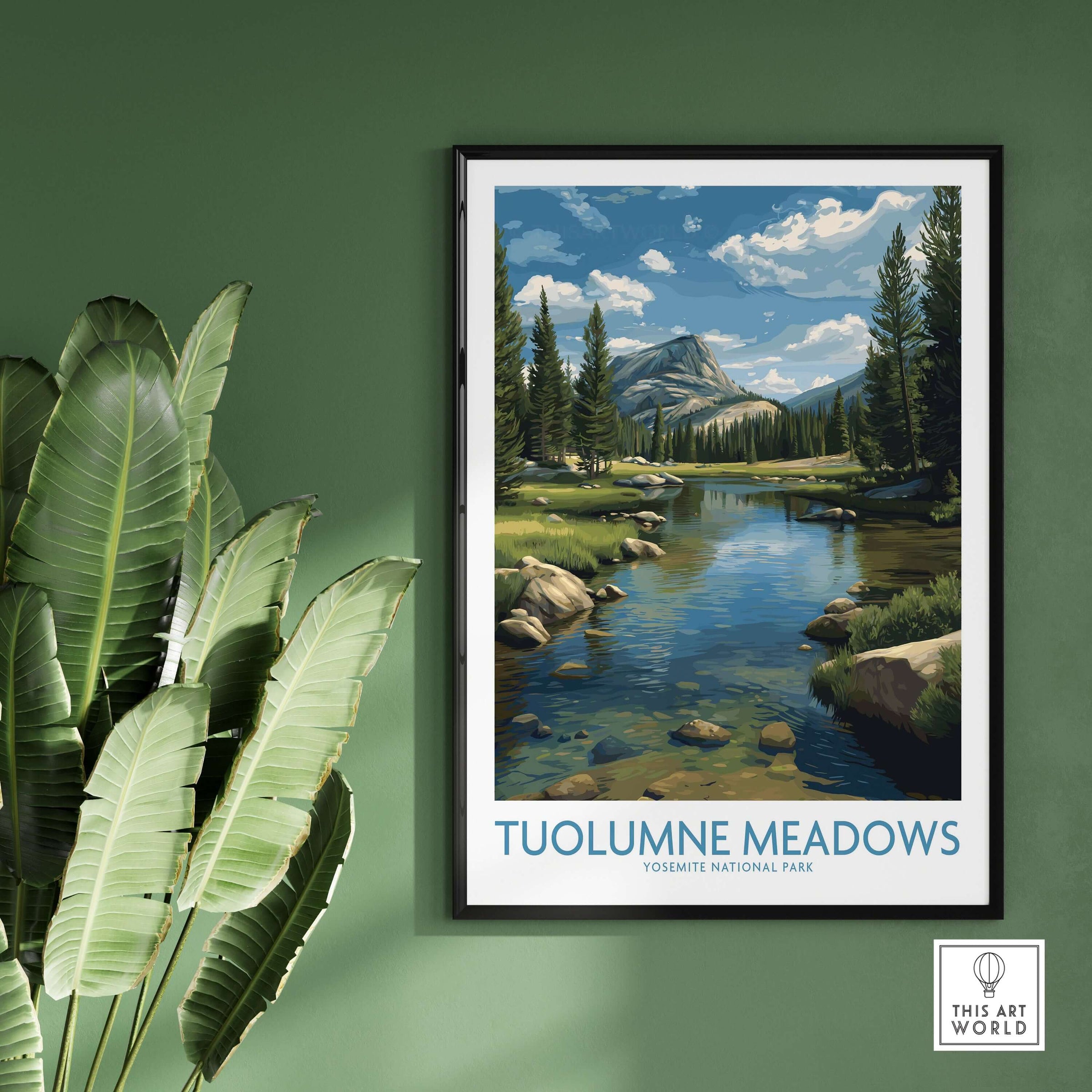 Tuolumne Meadows Poster Yosemite Art Print showcasing a serene landscape of Yosemite National Park with lush greenery.