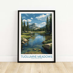 Tuolumne Meadows Poster Yosemite Art Print showcasing Yosemite's natural beauty with serene river and mountains.
