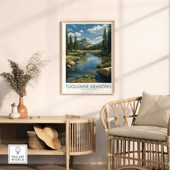 Tuolumne Meadows Poster Yosemite Art Print displayed in a stylish room with a river and trees.
