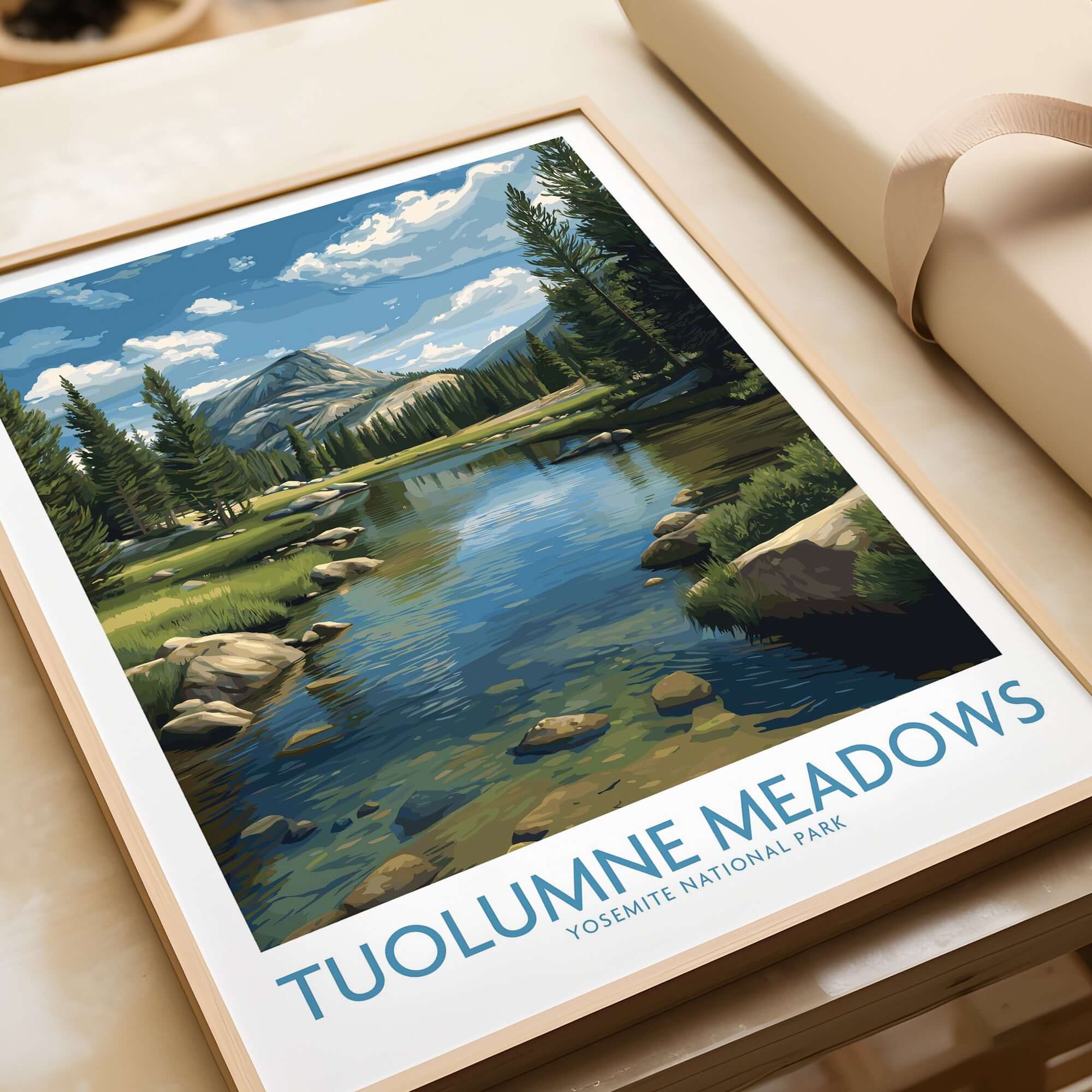 Tuolumne Meadows Poster Yosemite Art Print showcasing a serene landscape with mountains and a reflective river.