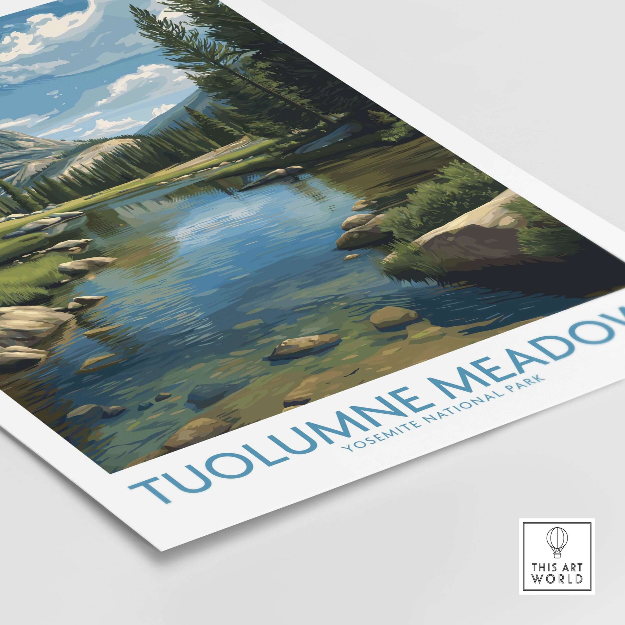 Tuolumne Meadows Poster Yosemite Art Print showcasing a serene lake and lush landscape of Yosemite National Park.