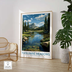 Tuolumne Meadows Poster Yosemite Art Print showcasing a serene landscape of water, trees, and mountains in Yosemite National Park.