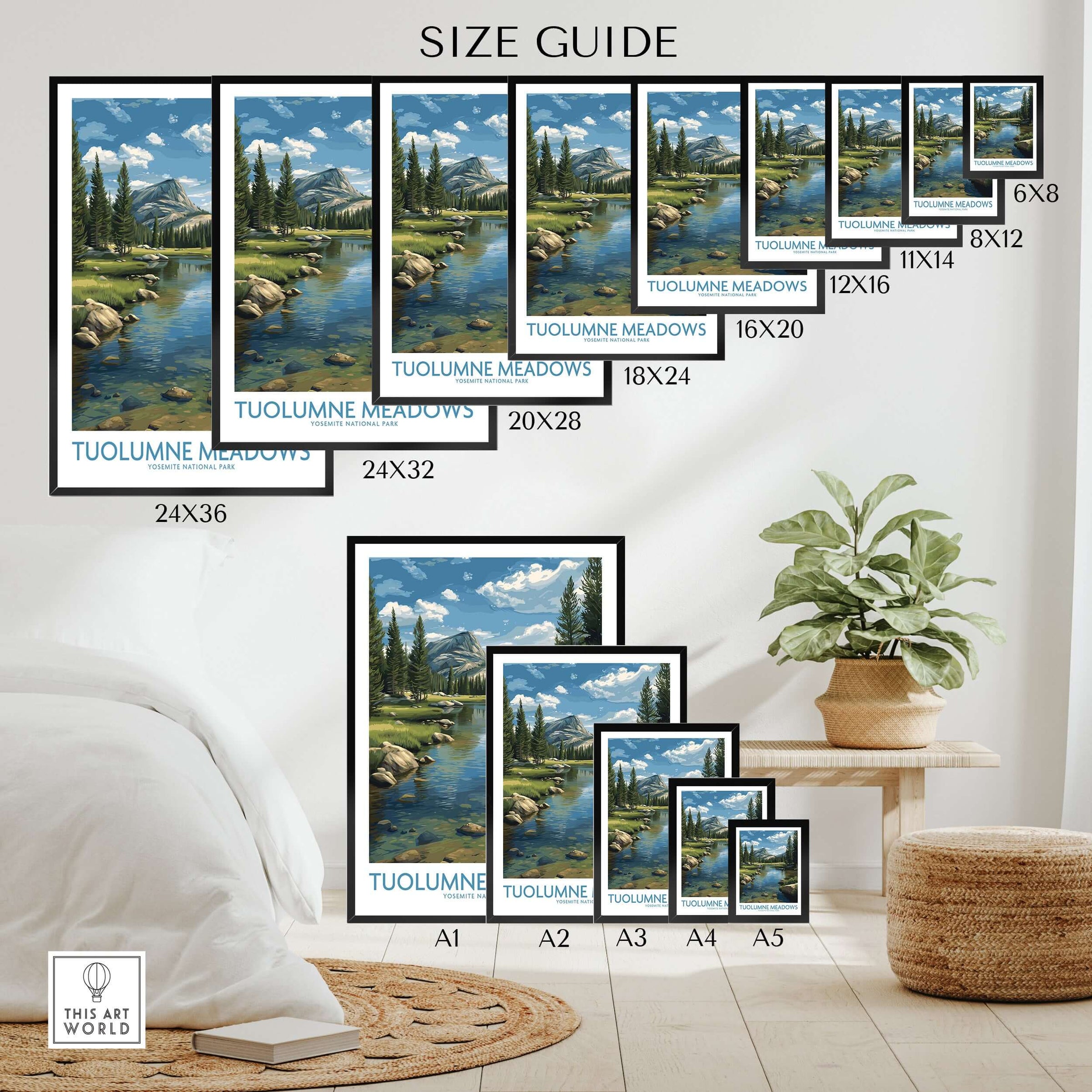 Size guide for Tuolumne Meadows Poster Yosemite Art Print displaying various frame sizes in a stylish interior.