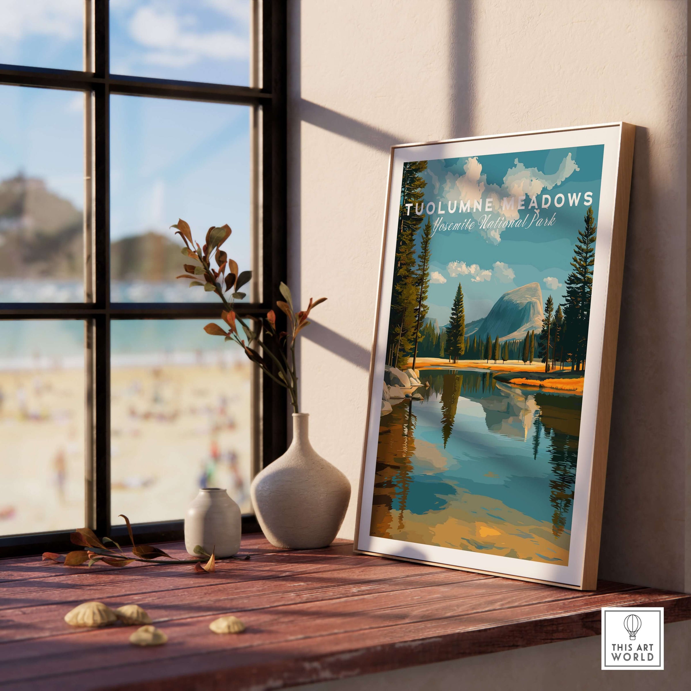 Tuolumne Meadows Print | Yosemite National Park Poster displayed in a cozy interior setting by a window.