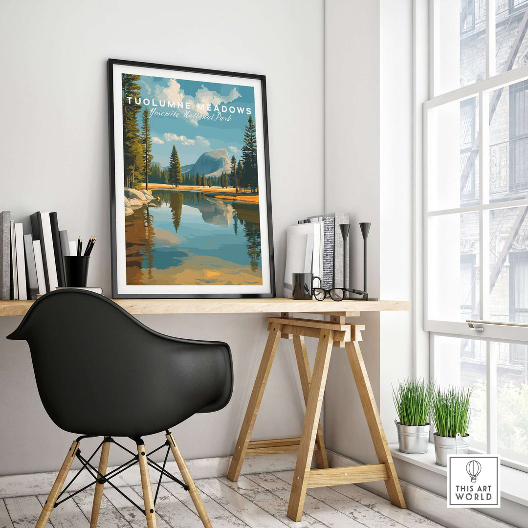 Tuolumne Meadows Print | Yosemite National Park Poster displayed in a modern workspace with a scenic view.