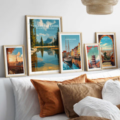 Tuolumne Meadows Print | Yosemite National Park Poster displayed among various travel posters in a cozy living room setting.