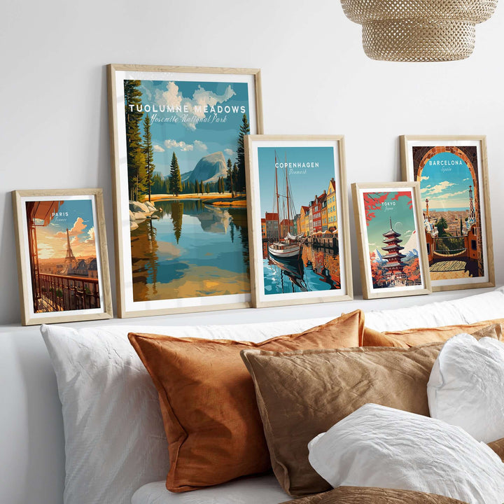 Tuolumne Meadows Print | Yosemite National Park Poster displayed among other travel-themed art prints on a stylish interior decor.