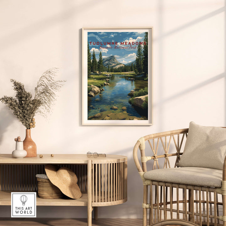 Tuolumne Meadows Print | Yosemite Wall Art Poster displayed in a stylish living room setting with natural decor.
