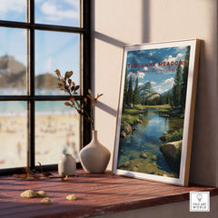 Tuolumne Meadows Print | Yosemite Wall Art Poster displayed on a wooden table with a scenic view.