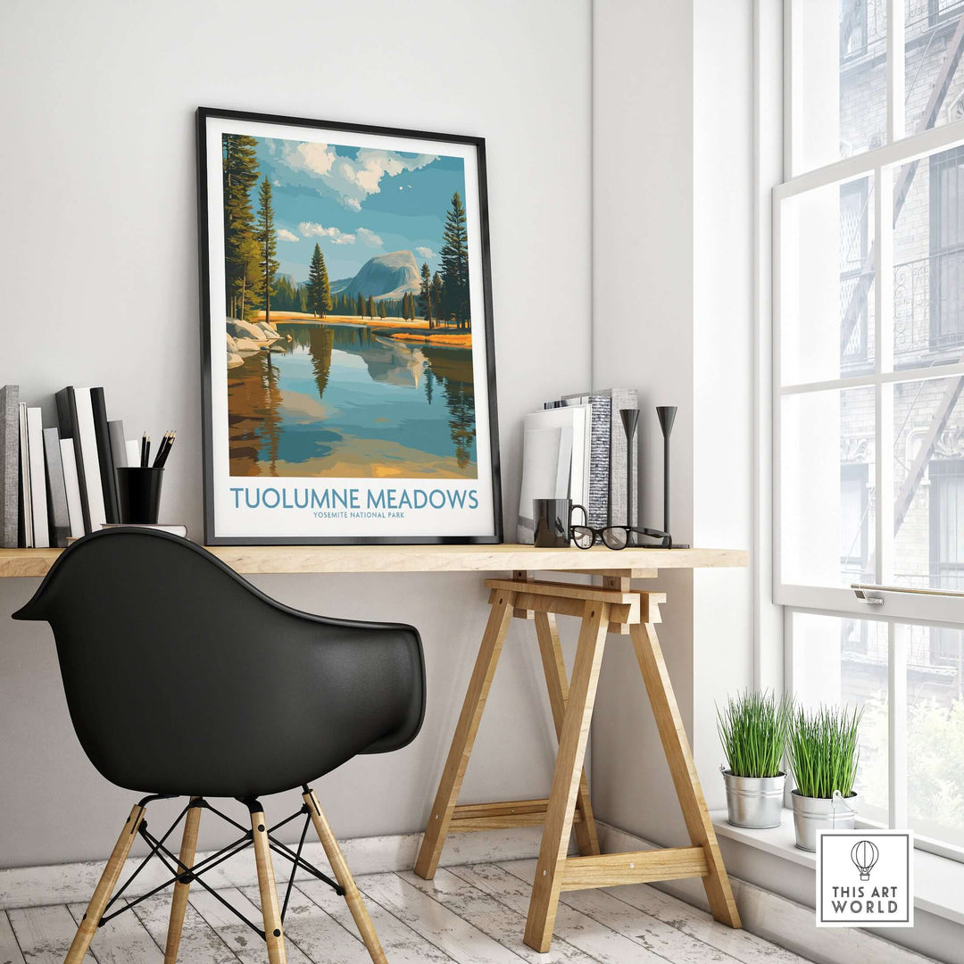 Tuolumne Meadows Yosemite Art Print | Cathedral Peak Reflection Poster displayed in a modern workspace with stylish decor.
