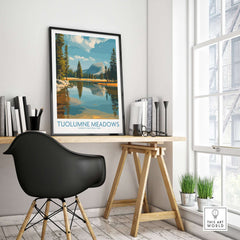 Tuolumne Meadows Yosemite Art Print | Cathedral Peak Reflection Poster displayed in a stylish workspace.