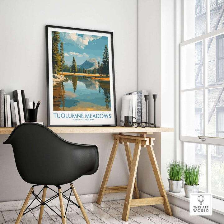 Tuolumne Meadows Yosemite Art Print | Cathedral Peak Reflection Poster displayed in a modern workspace with stylish decor.