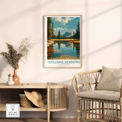 Tuolumne Meadows Yosemite Art Print | Cathedral Peak Reflection Poster displayed in a cozy living room setting.