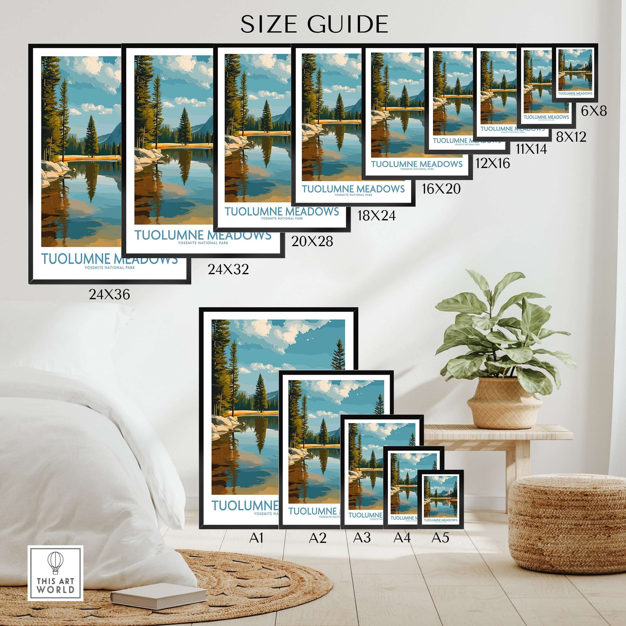 Tuolumne Meadows Yosemite Art Print | Cathedral Peak Reflection Poster size guide with various frame sizes.
