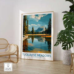 Tuolumne Meadows Yosemite Art Print | Cathedral Peak Reflection Poster showcased in a modern interior with a plant.