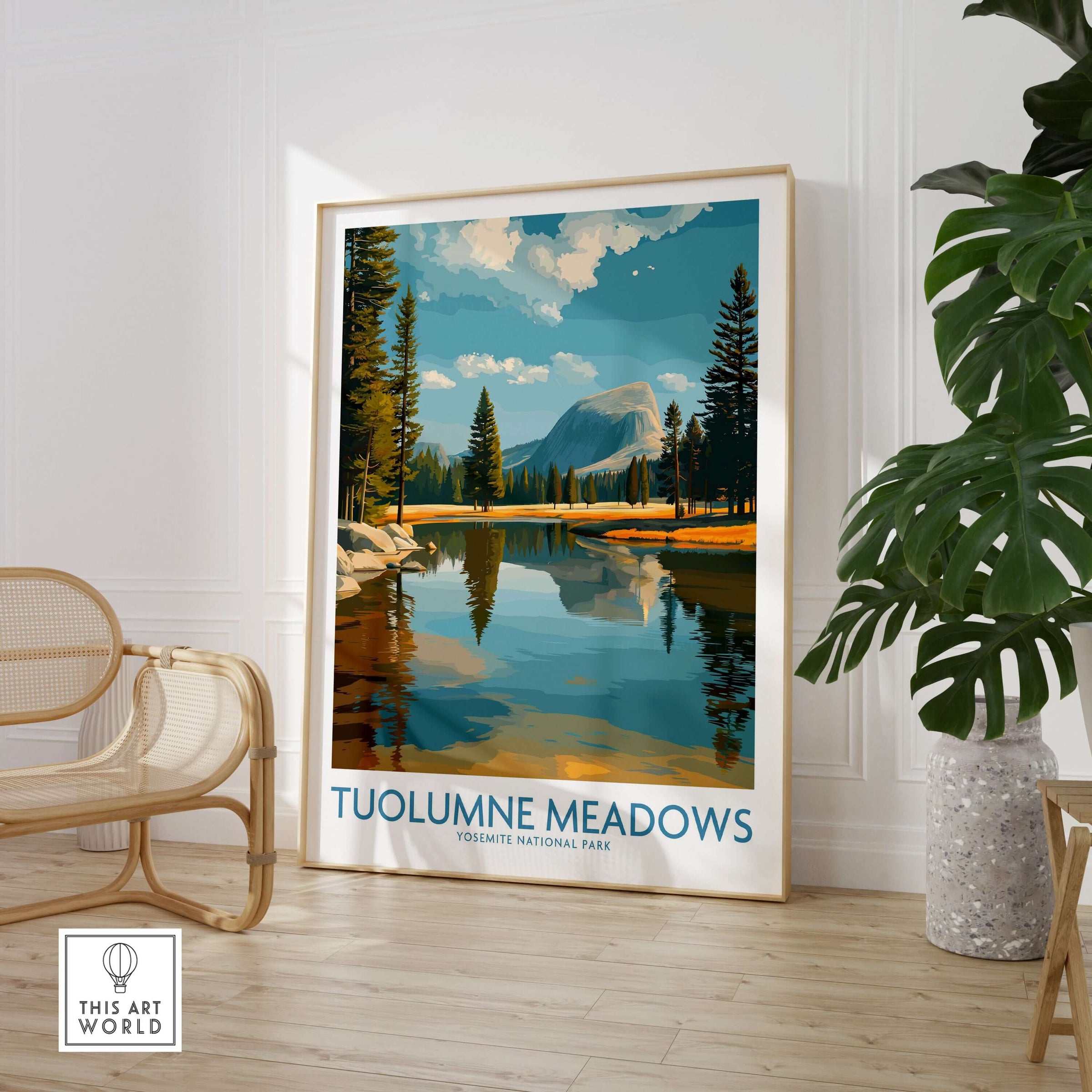 Tuolumne Meadows Yosemite Art Print | Cathedral Peak Reflection Poster showcased in a modern interior with a plant.