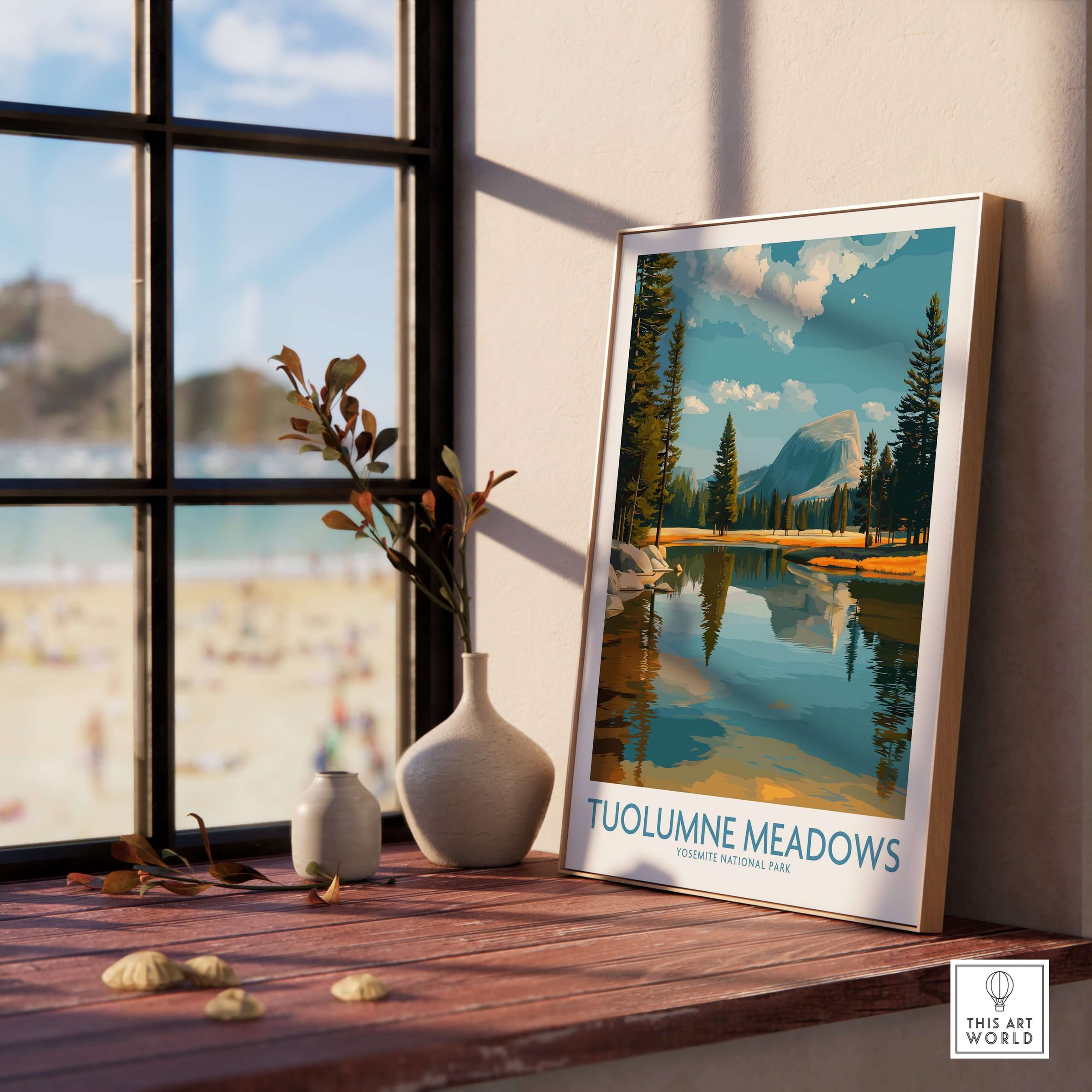 Tuolumne Meadows Yosemite Art Print | Cathedral Peak Reflection Poster enhancing a cozy indoor space with nature's beauty.