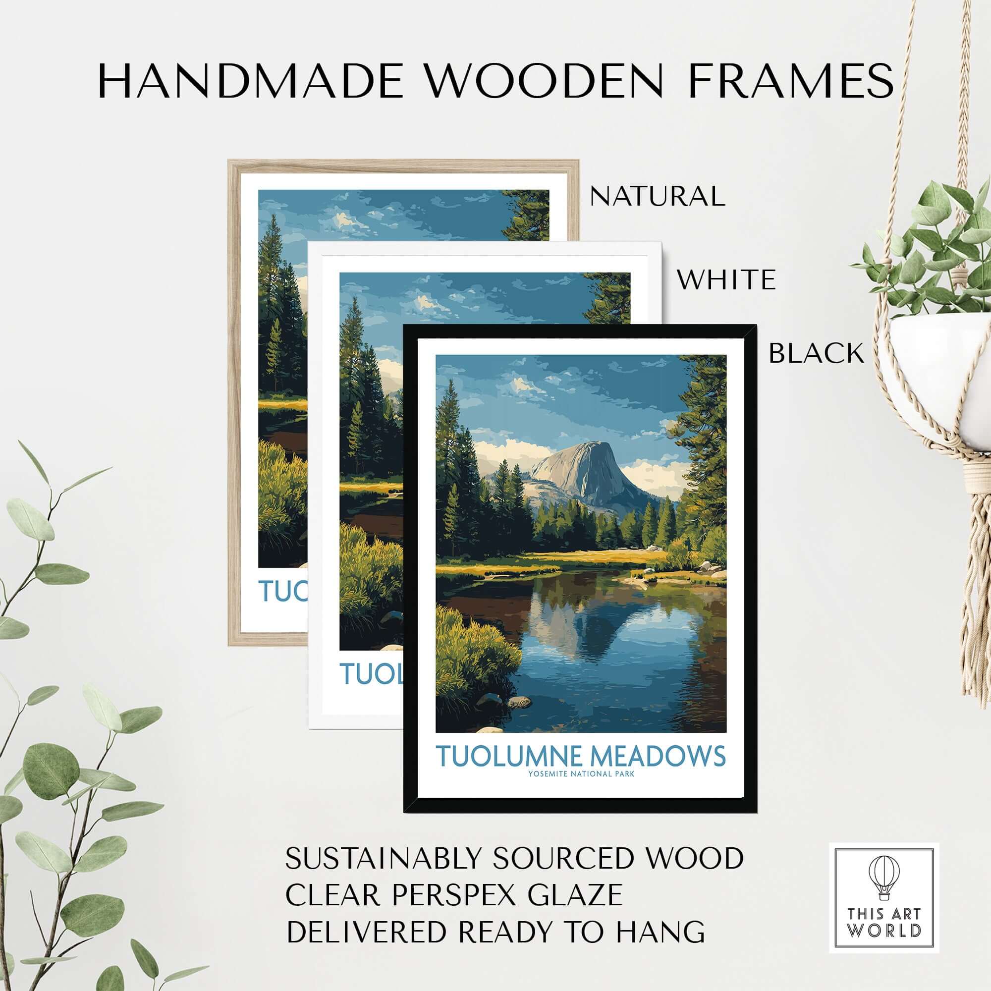 Tuolumne Meadows Yosemite Art Print framed in handmade wooden frames in natural, white, and black finishes.