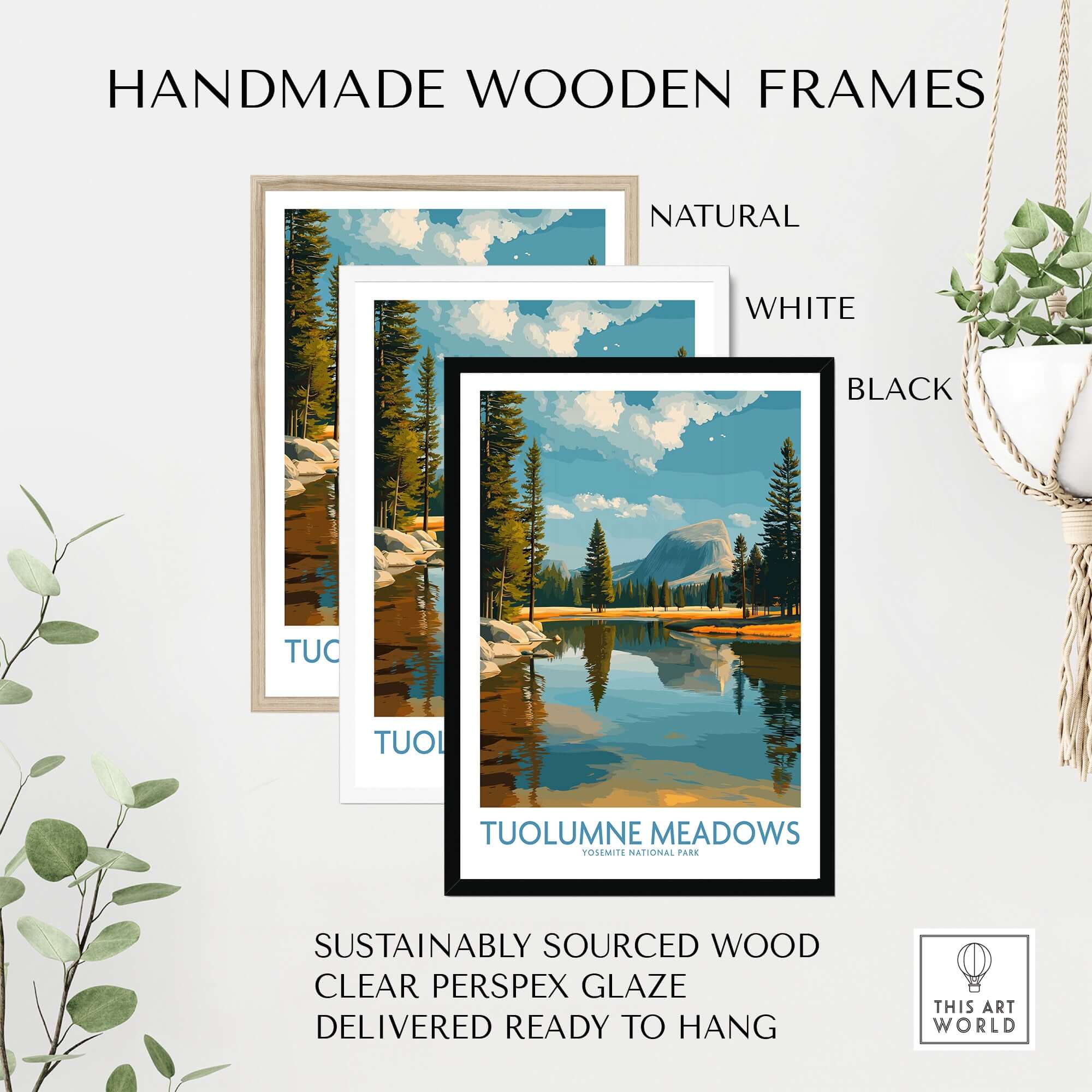 Handmade wooden frames for Tuolumne Meadows Yosemite Art Print | Cathedral Peak Reflection Poster in natural, white, and black.
