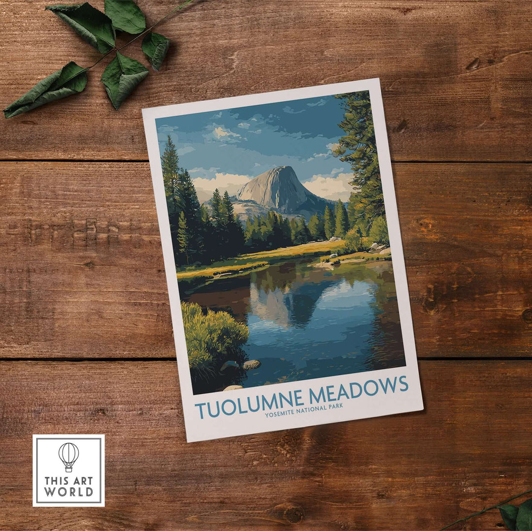 Tuolumne Meadows Yosemite Art Print showcasing the scenic landscape of Tuolumne Meadows with mountains and reflections in water.