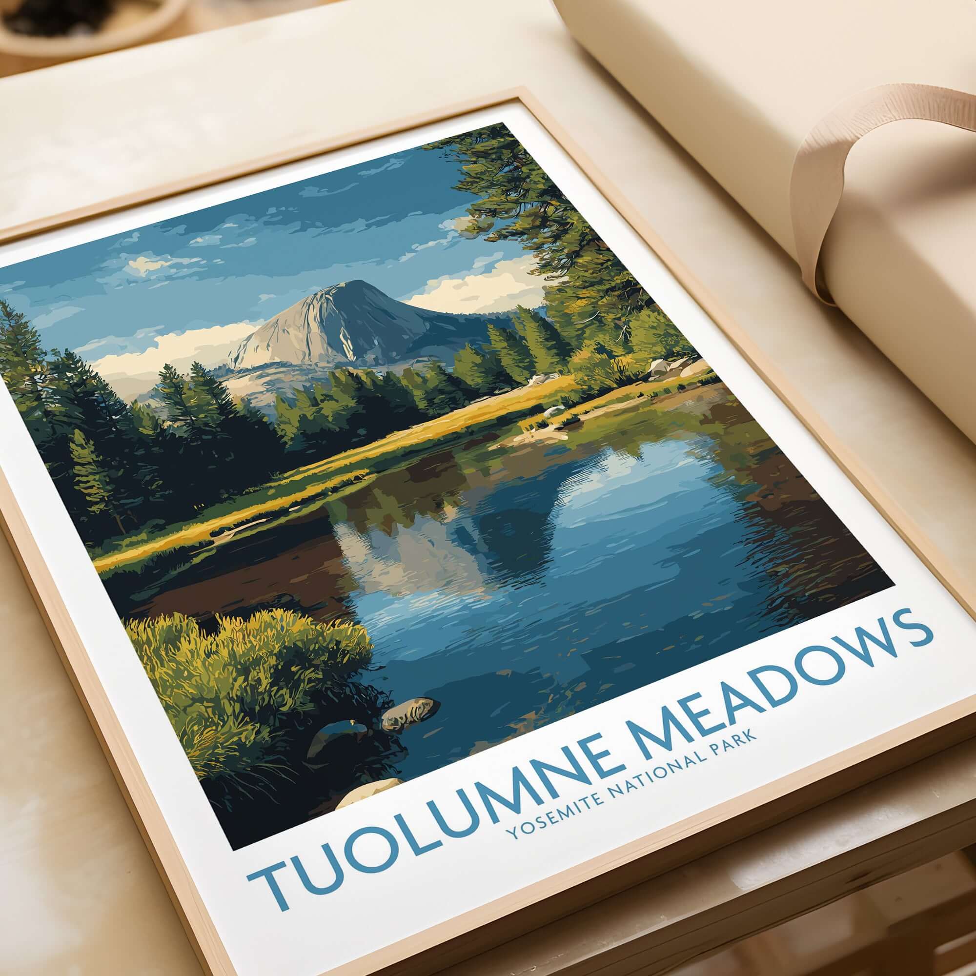 Tuolumne Meadows Yosemite Art Print showcasing the serene landscape of Yosemite National Park and its majestic mountains.