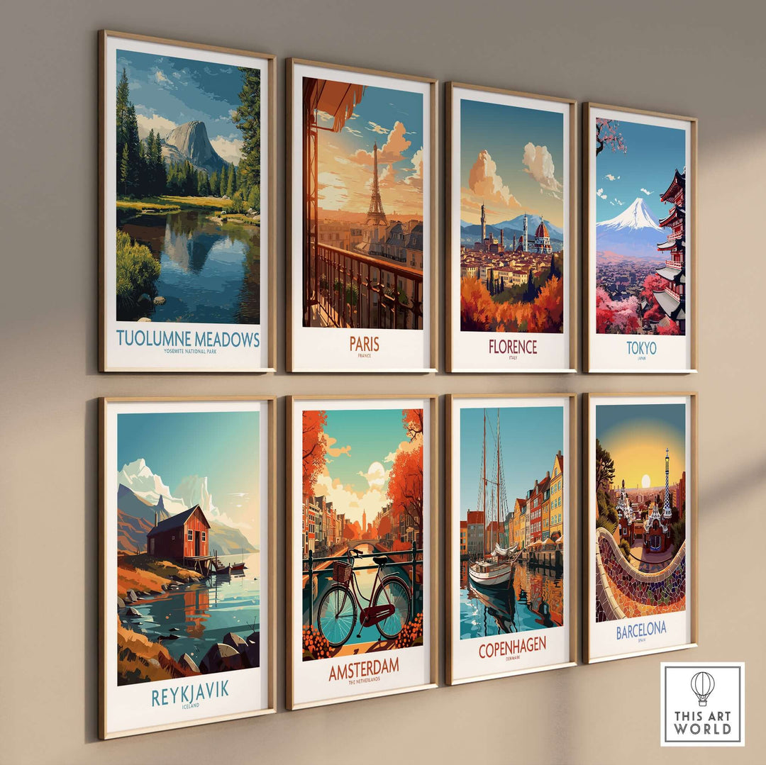 Tuolumne Meadows Yosemite Art Print among various city art prints on a gallery wall.