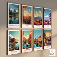 Tuolumne Meadows Yosemite Art Print and other city art prints displayed on a gallery wall.