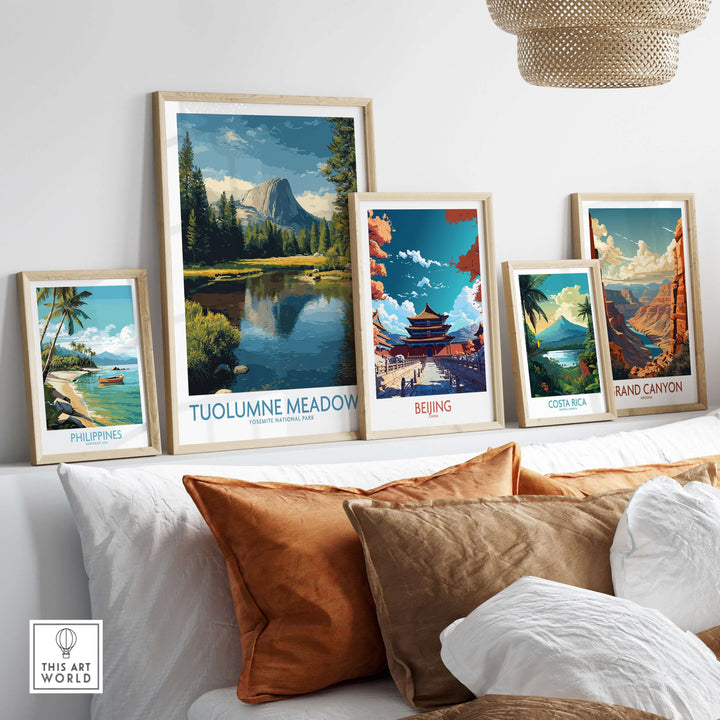 Collection of framed travel art prints, including Tuolumne Meadows Yosemite Art Print, on a stylish wall.