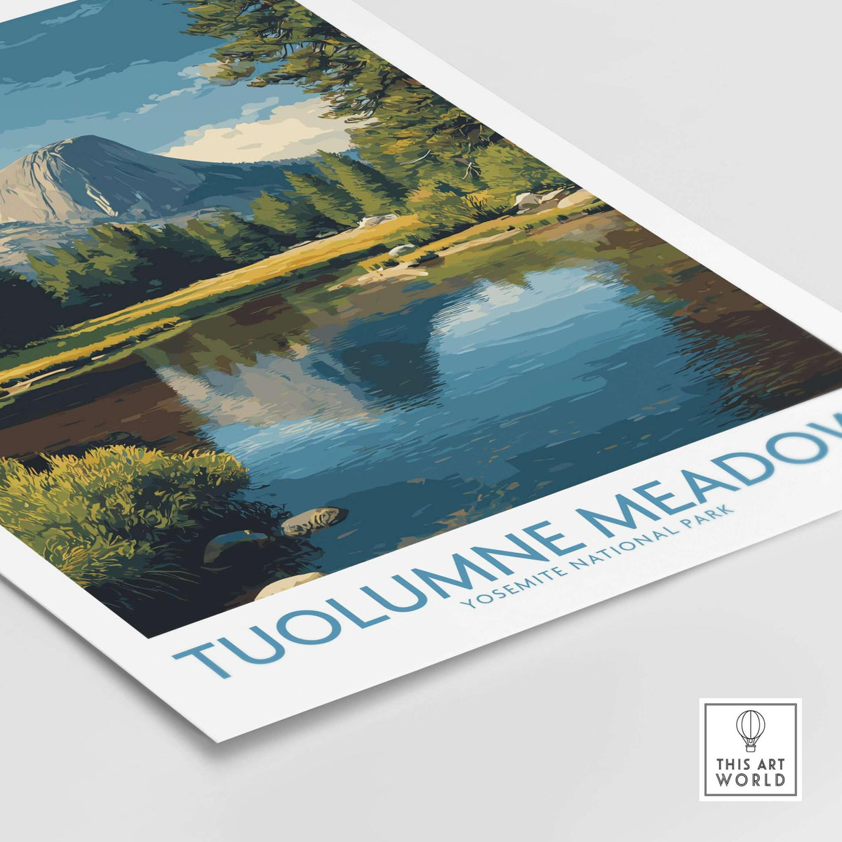 Tuolumne Meadows Yosemite Art Print featuring a serene landscape with mountains and reflections in water.