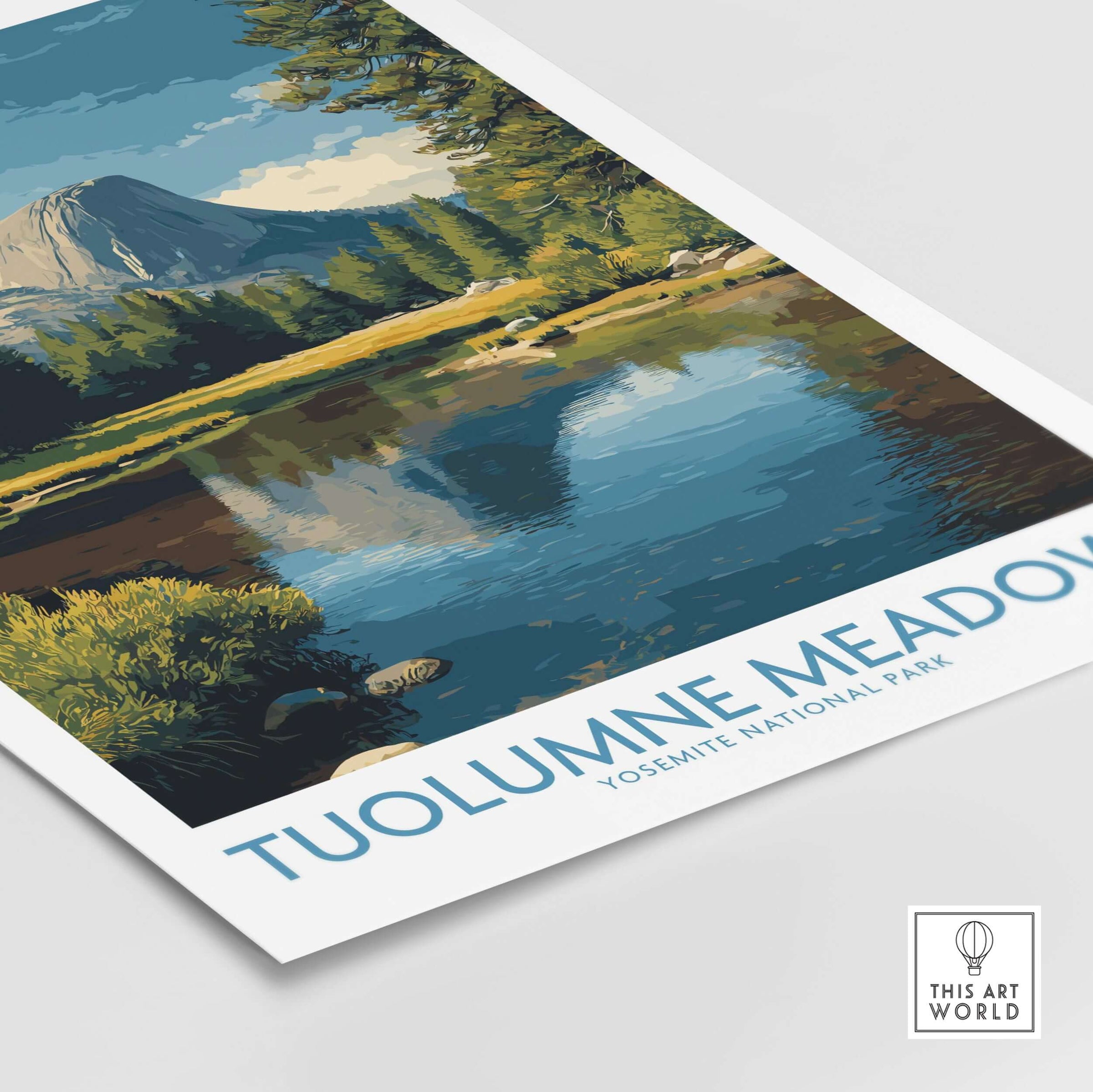 Tuolumne Meadows Yosemite Art Print featuring a serene landscape with mountains and reflections in water.