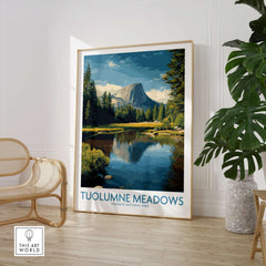Tuolumne Meadows Yosemite Art Print displayed in a stylish room, showcasing mountains and serene waters.