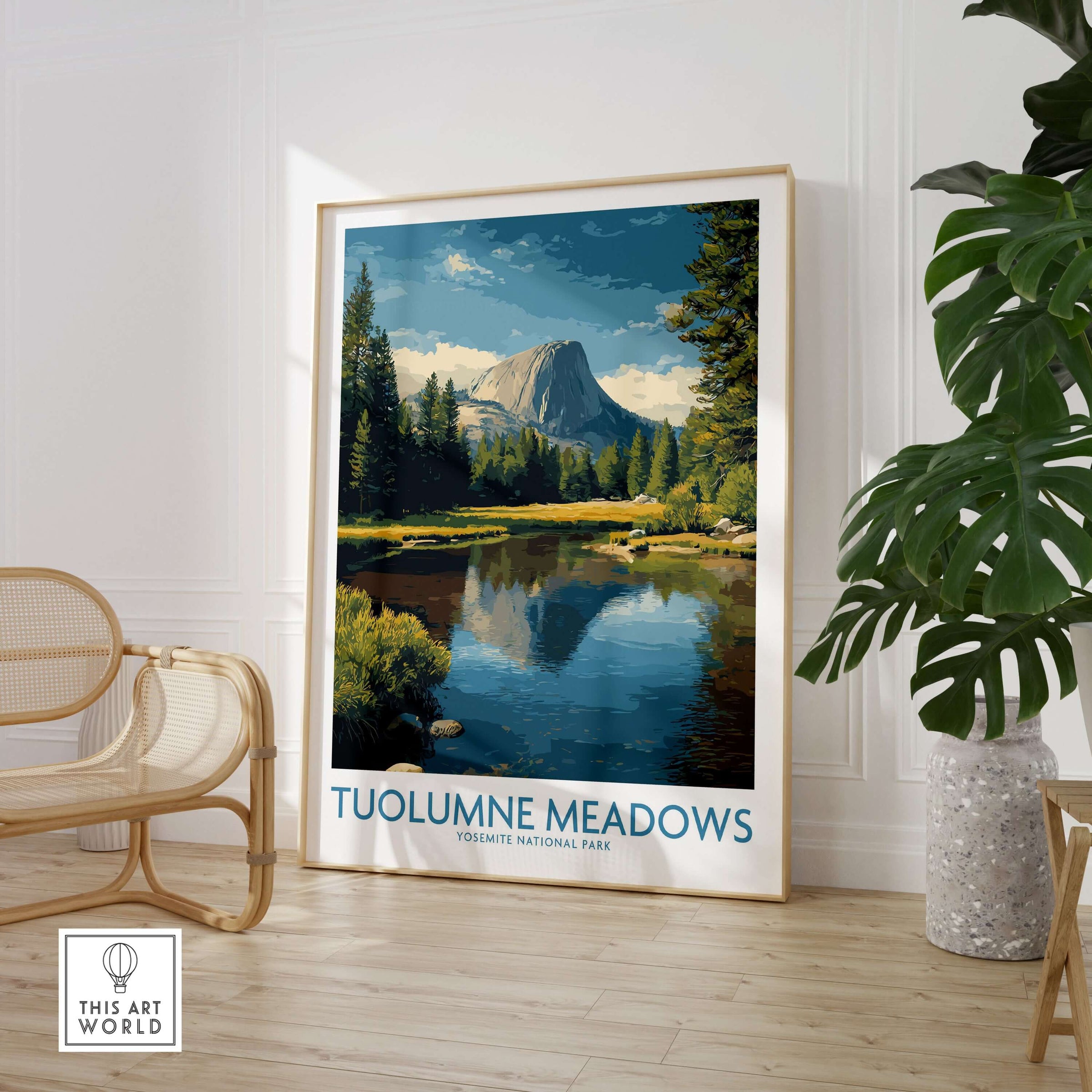 Tuolumne Meadows Yosemite Art Print displayed in a stylish room, showcasing mountains and serene waters.