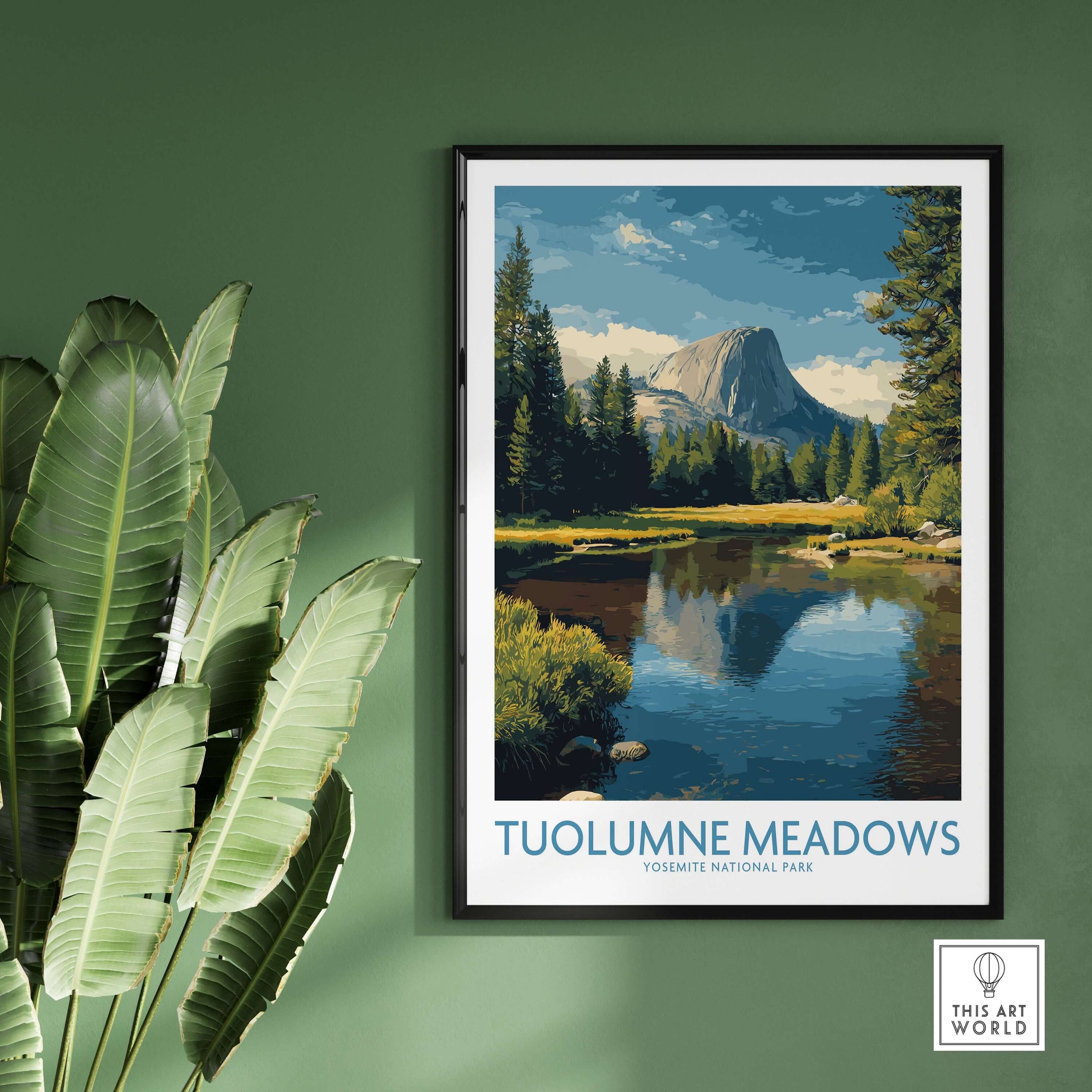 Tuolumne Meadows Yosemite Art Print showcasing vibrant meadows and mountains framed beautifully in an elegant design.