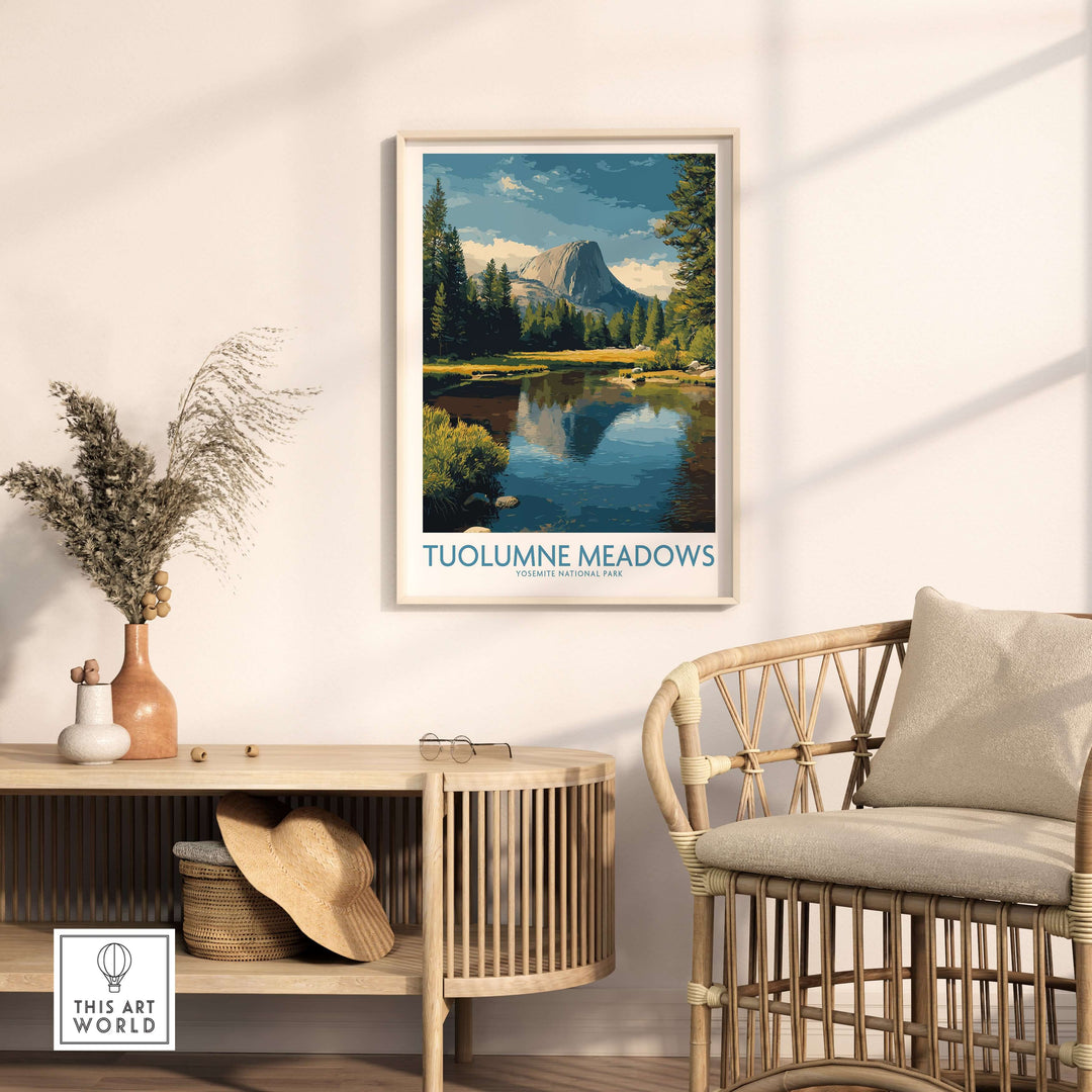 Tuolumne Meadows Yosemite Art Print displayed in a stylish interior with natural elements and serene landscape.