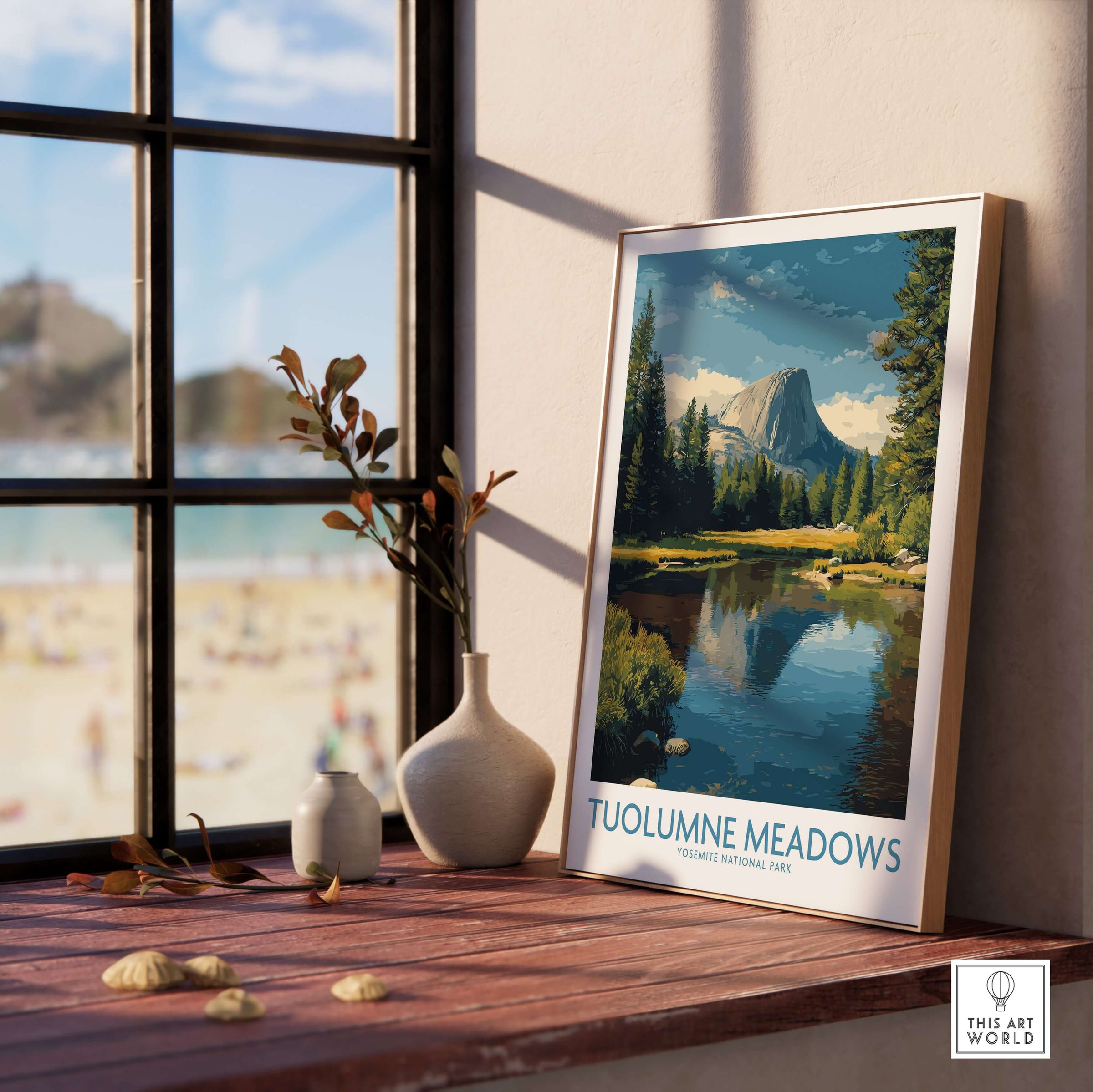 Tuolumne Meadows Yosemite Art Print displayed in a cozy interior with a window view of nature.