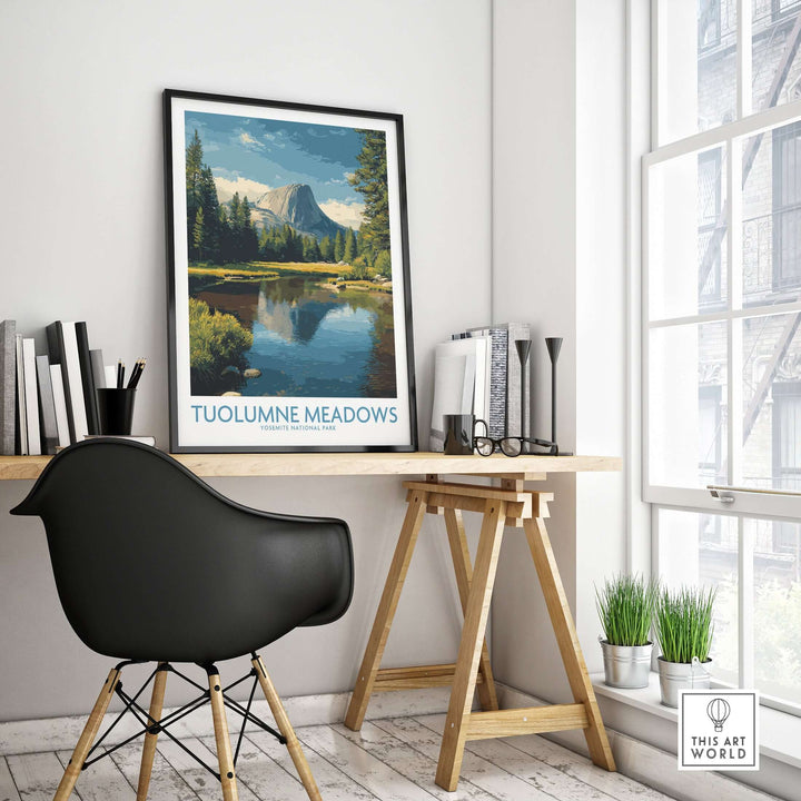 Tuolumne Meadows Yosemite Art Print displayed in a stylish room, showcasing a serene landscape with mountains and reflection in water.