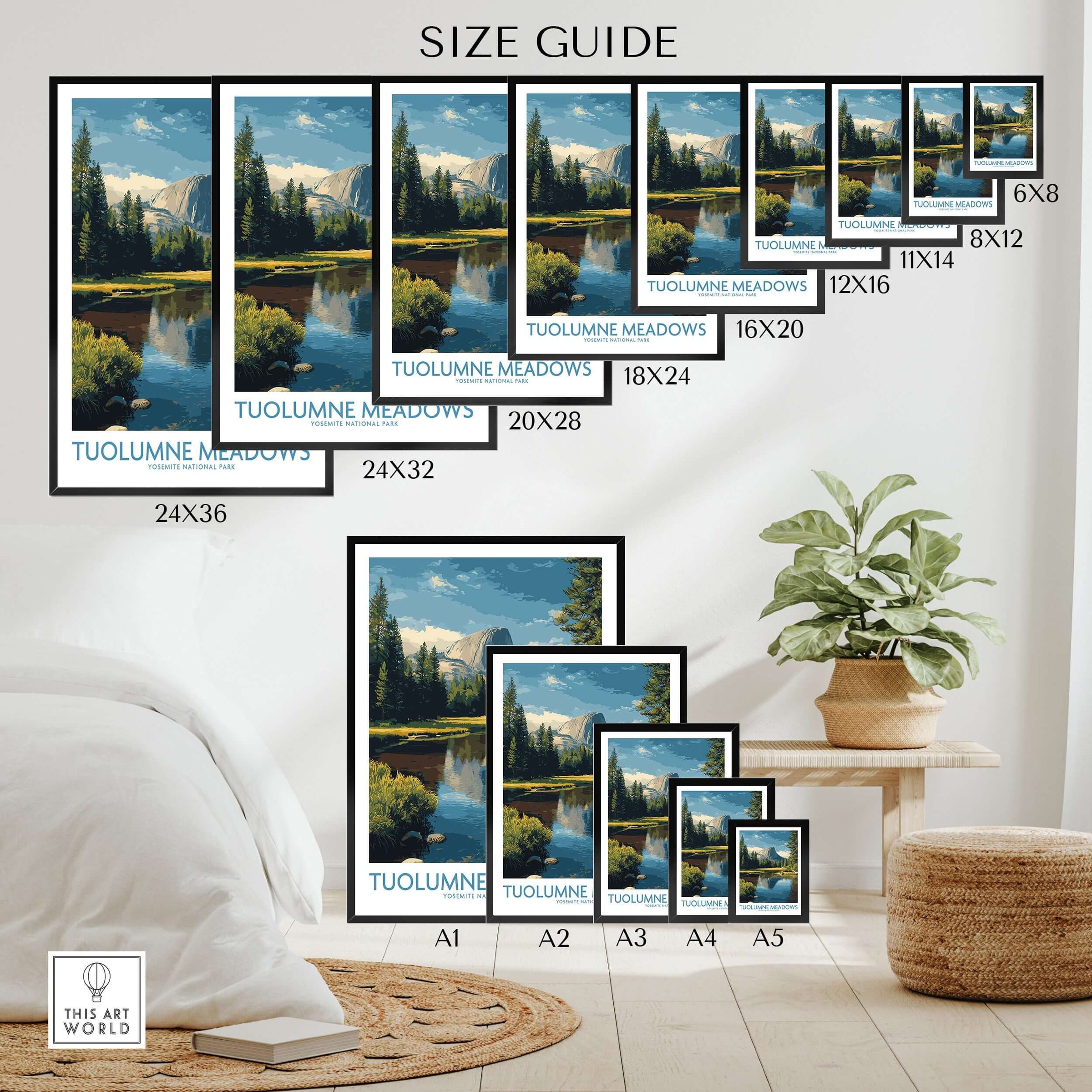 Size guide for Tuolumne Meadows Yosemite Art Print showcasing various frame sizes and dimensions.
