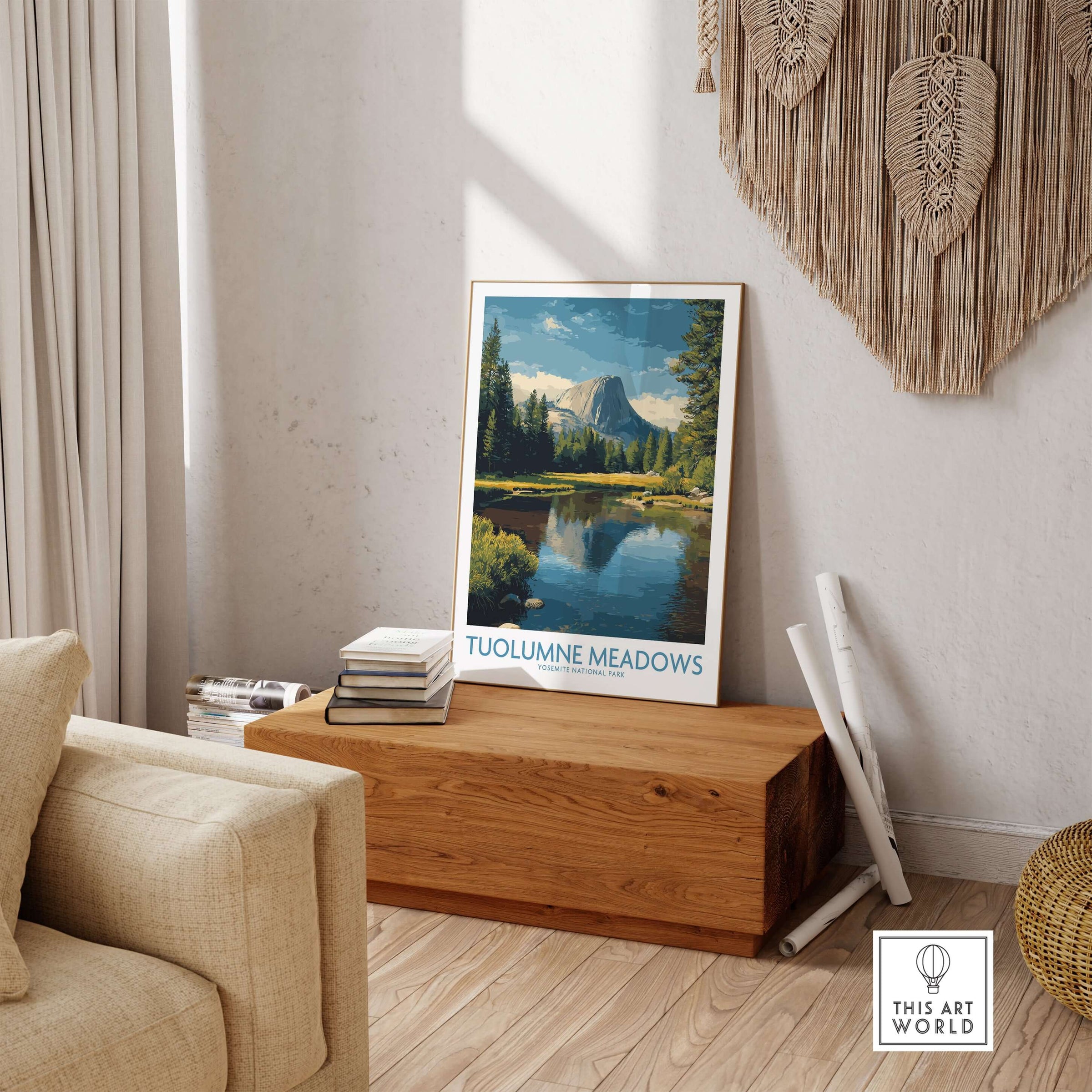 Tuolumne Meadows Yosemite Art Print displayed in a stylish living room setting with natural decor.