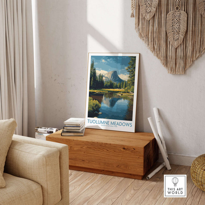 Tuolumne Meadows Yosemite Art Print displayed in a cozy living room setting, highlighting natural beauty.