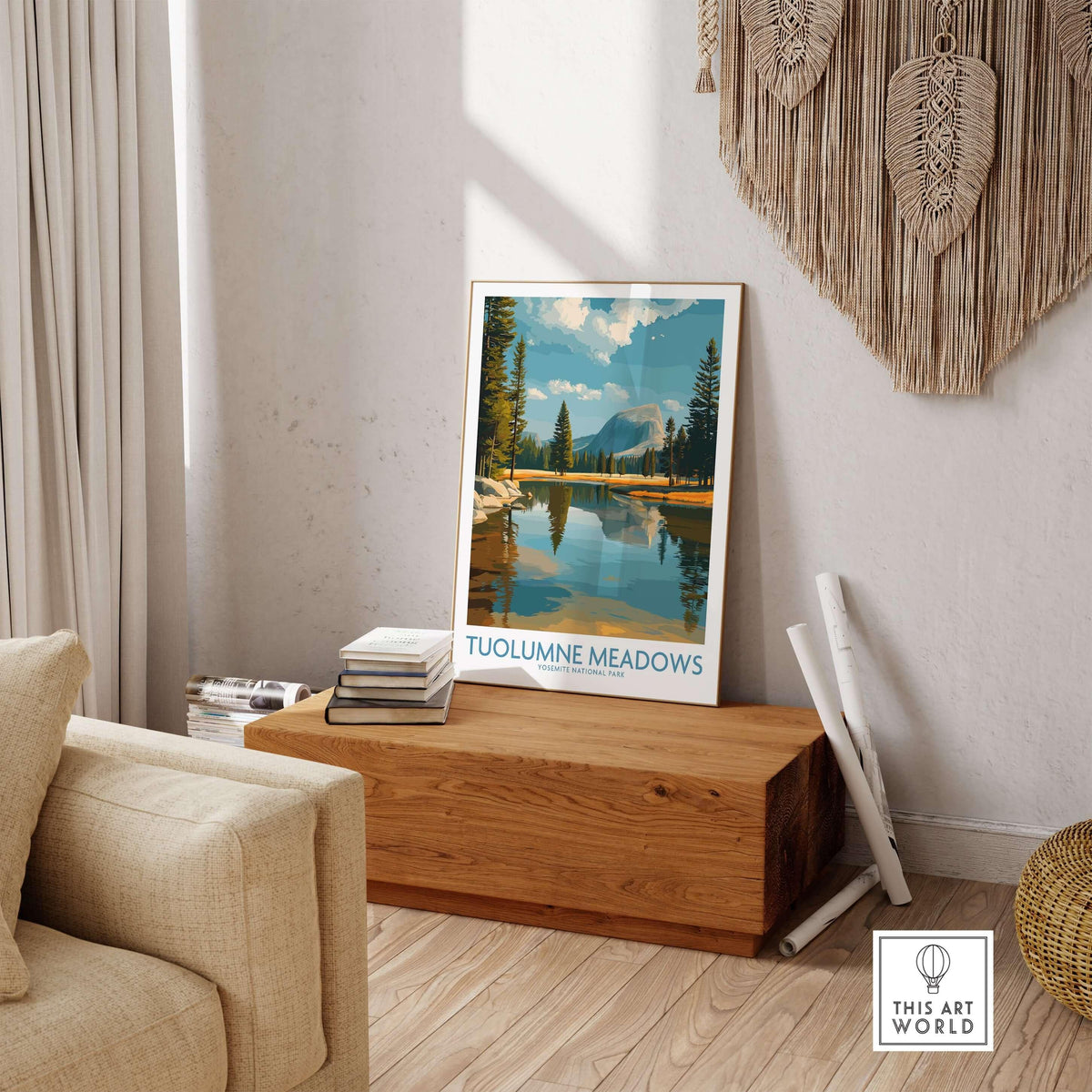 Tuolumne Meadows Yosemite Art Print | Cathedral Peak Reflection Poster displayed in a cozy living room setting.