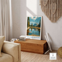 Tuolumne Meadows Yosemite Art Print | Cathedral Peak Reflection Poster displayed in a cozy living room setting.